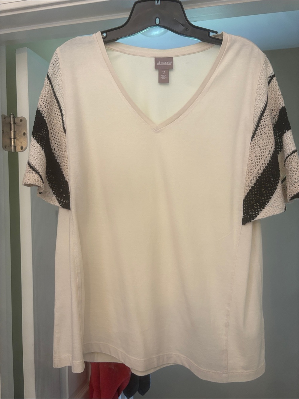 NWOT - Chico's Cream V-Neck Tee with Black Crochet Sleeve Accents